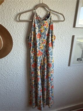 Floral Halter Maxi Dress in Blue, Coral & Yellow